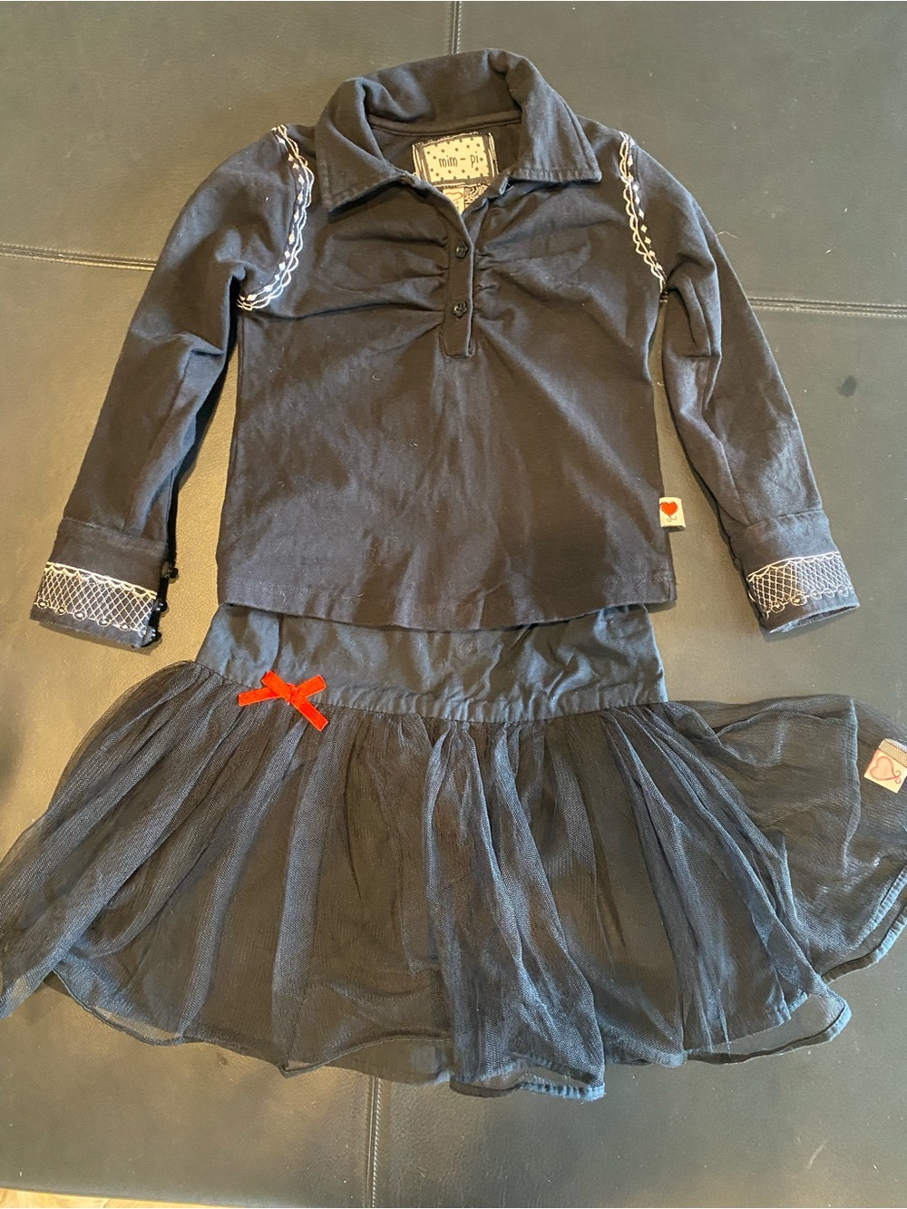 Mim-Pi Girls Black Long-Sleeve embroidered shirt and Tulle Skirt Set, sz 104 (4